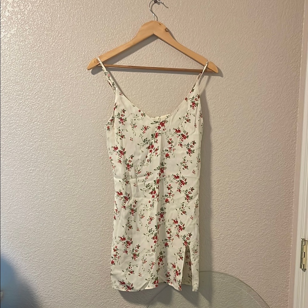 Reformation Cream Dress with Red and Green Floral Design